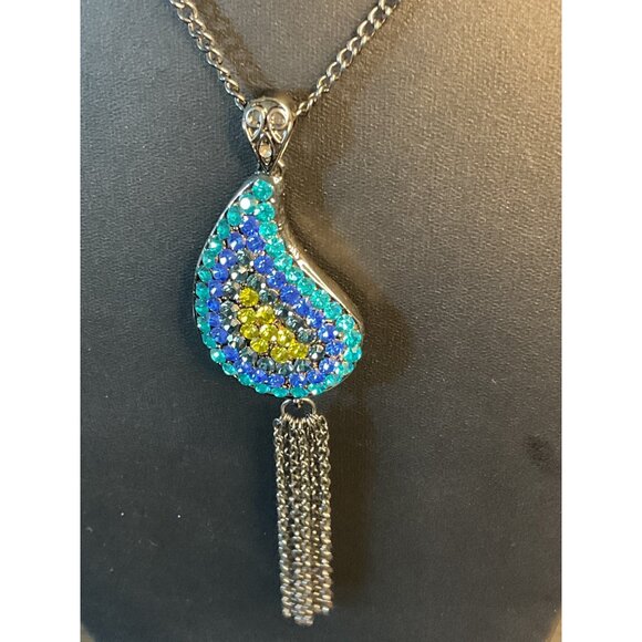 Rhinestone Peacock Pendant Tassel Chain Necklace Sparkling & Elegant Statement J - Picture 2 of 4